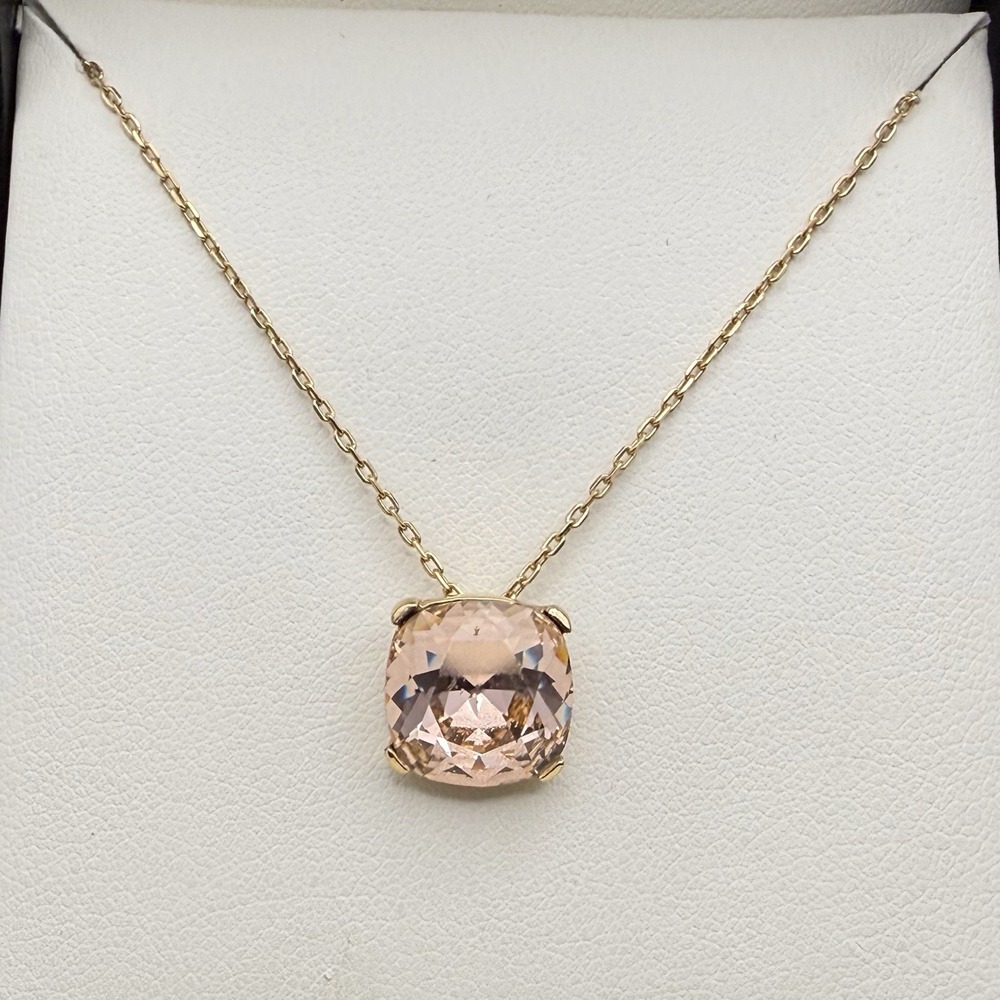 Gold Tone Blush Champagne Cushion Cut Crystal Pendant Necklace Modernist Sparkle